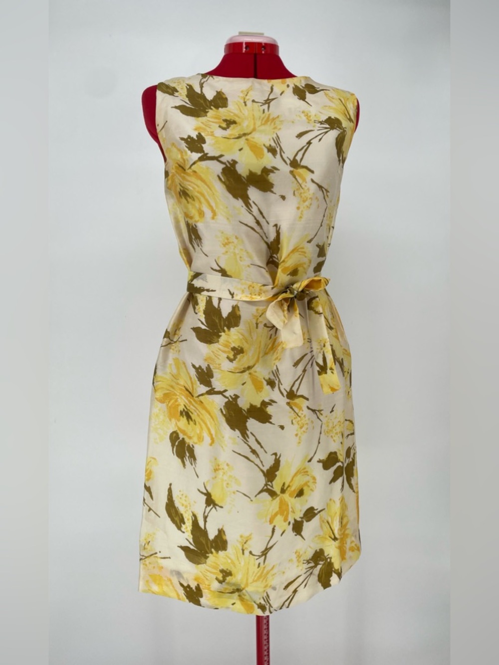 Vintage Floral Shantung Fabric Belted Sleeveless Shift Dress Union Made 60s